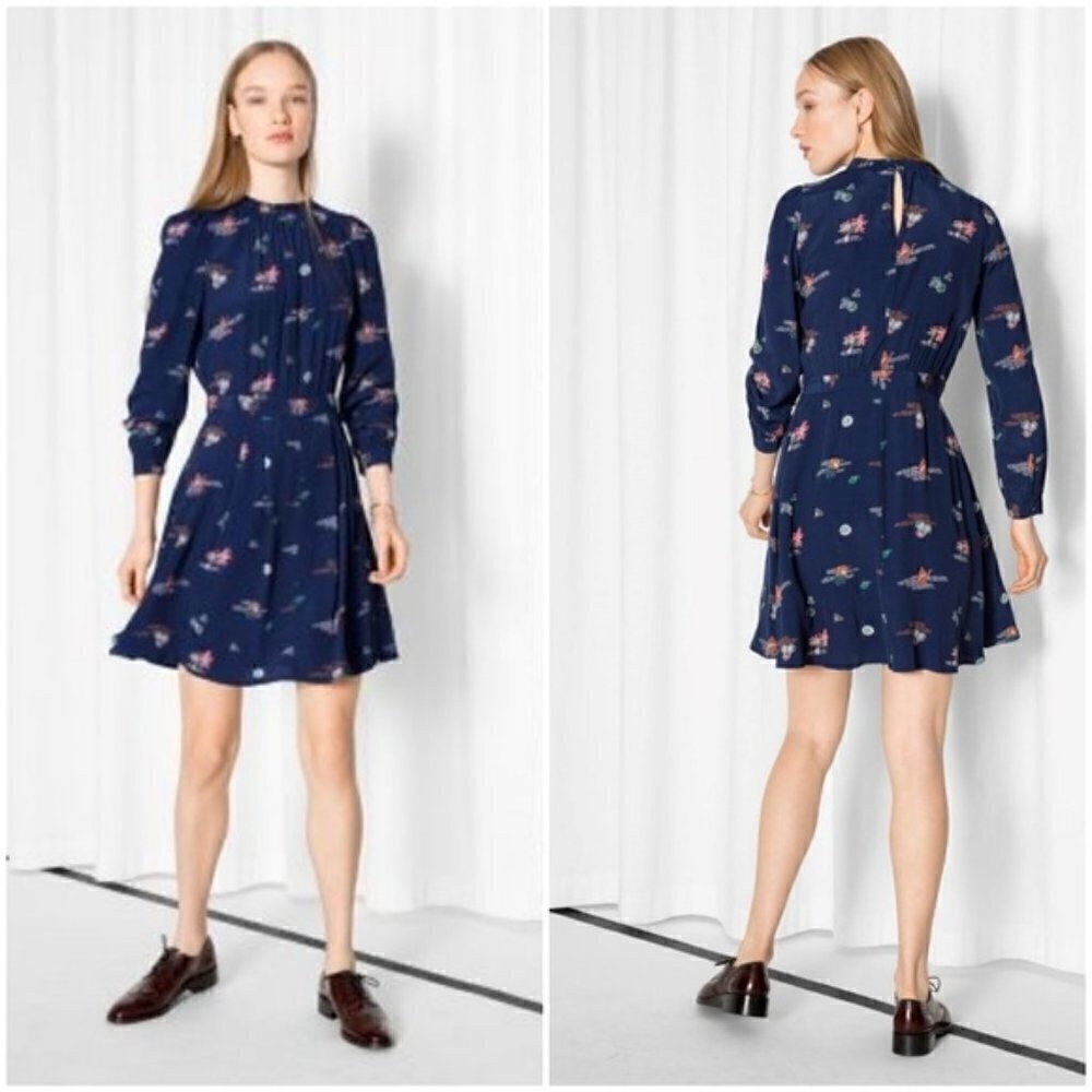 & Other Stories Origami Navy Blue Paper Crane Long Sleeve Mini Dress 8